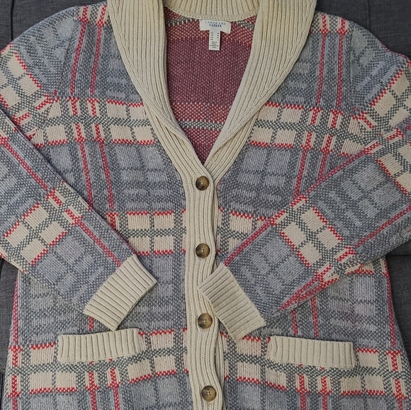 Lands End canvas 1963Vl vtg PLAID CARDIGAN SWEATER SIZE M cotton wool blend euc - Picture 8 of 15